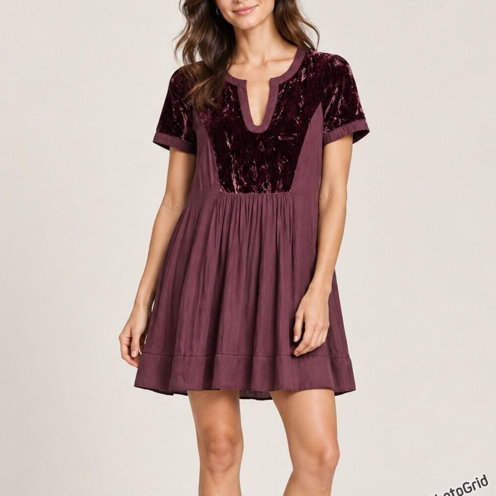 Maeve Anthro Ingrid Plum Velvet Babydoll Tunic Mini Dress XXS